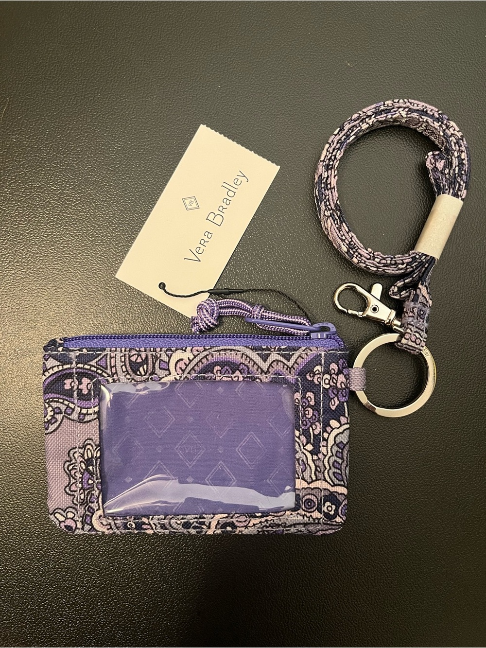 Vera Bradley Purple Paisley Zip ID Pouch with Breakaway Lanyard Key Ring